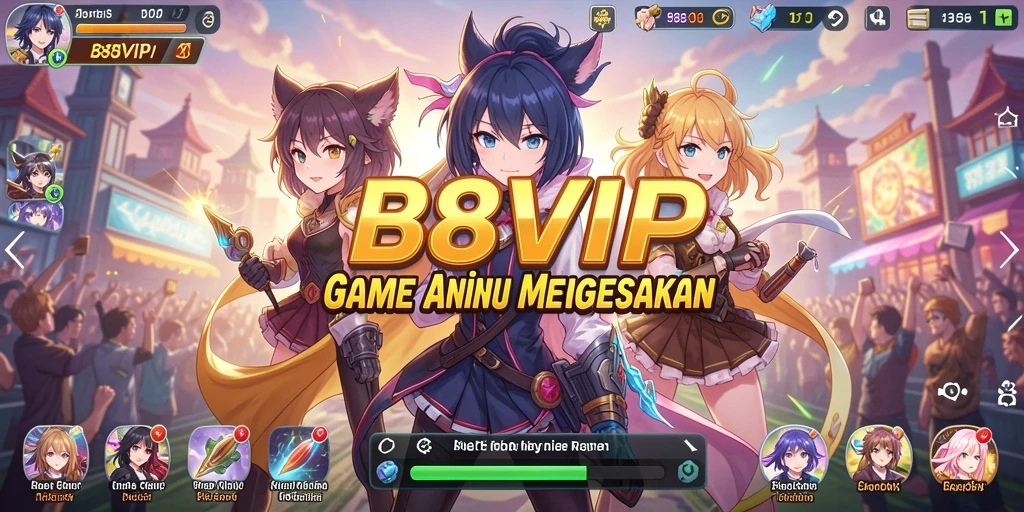 Tangkapan layar utama B8VIP memperlihatkan karakter anime dalam aksi di gameplay.