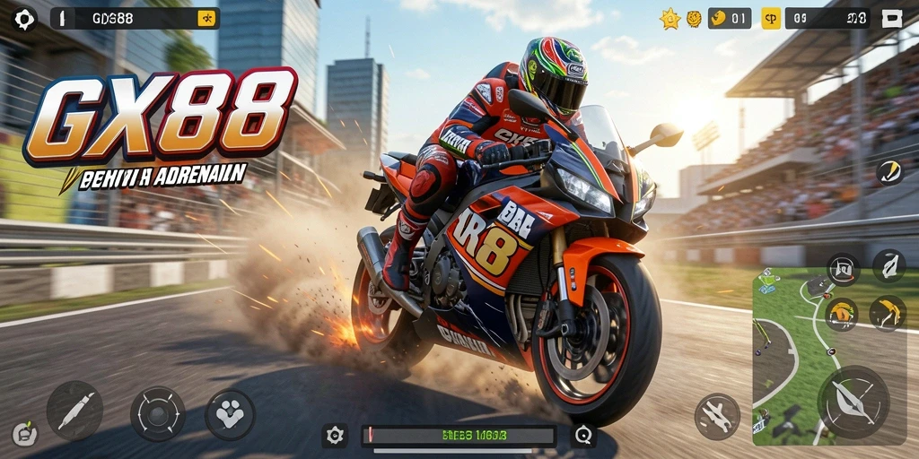 Tangkapan layar GX88 menampilkan balapan motor yang mendebarkan dan lingkungan yang realistis.