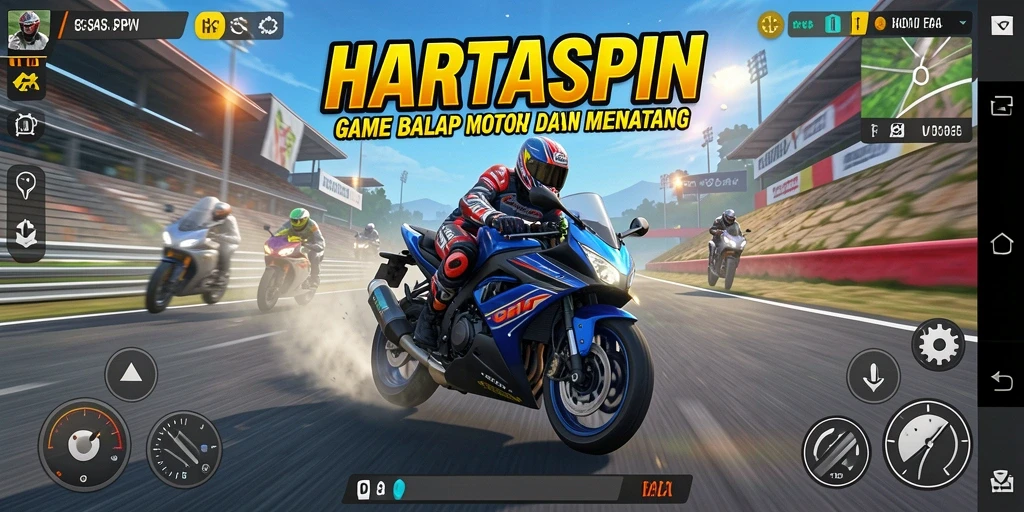 Tampilan gameplay HARTASPIN yang penuh adrenalin saat balapan motor.
