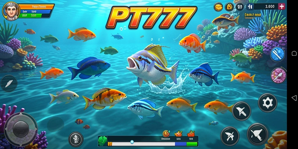 Screenshot PT777 menampilkan gameplay menembak ikan yang seru.